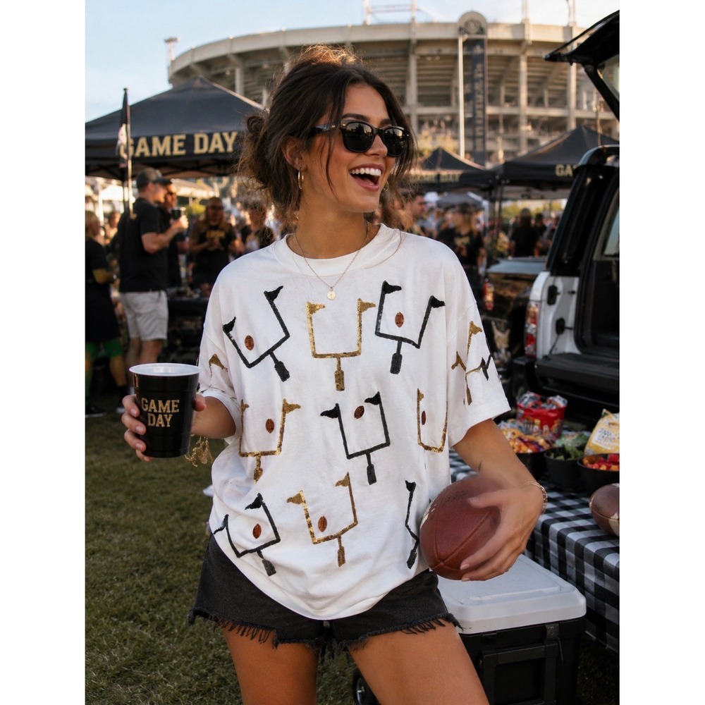 NWT Queen of Sparkles Black Gold Field Goal Tee White Sequin Football Top Medium
